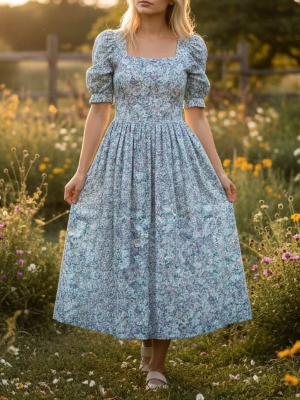 Vtg LAURA ASHLEY Floral Puff Sleeve Square Neck Cotton Cottagecore Dress Sz US 6 - Picture 1 of 8